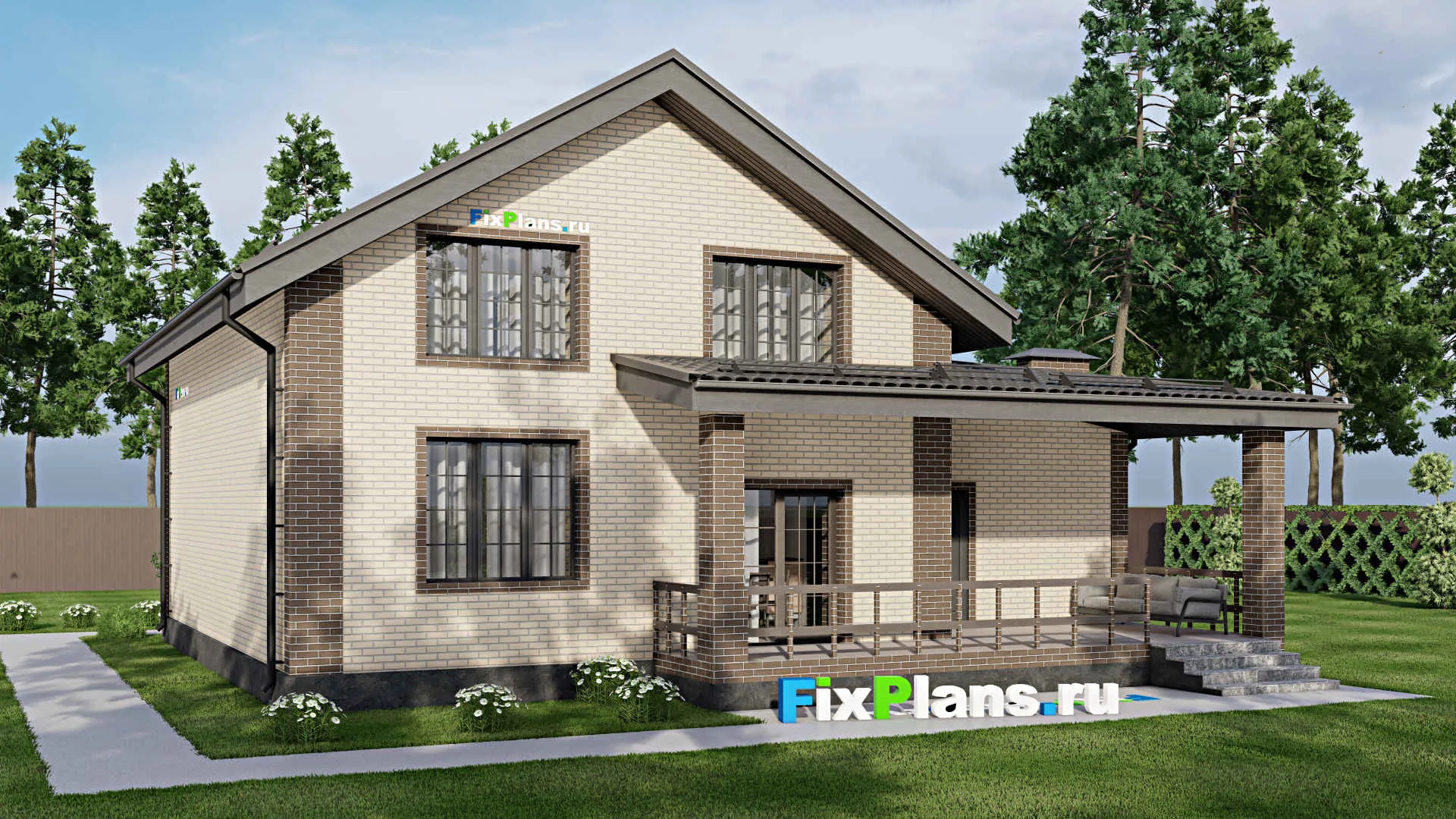 F-4688 - Проект дома с мансардой 12 на 14, площадью 200 м² с террасой, балконом, гаражом на 1 машину и 3 спальнями