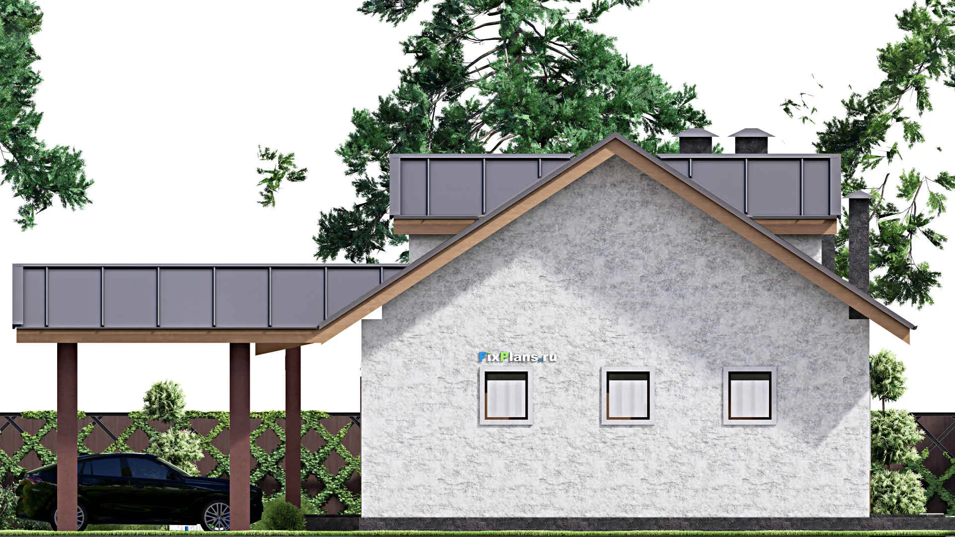 F-14336 - Проект одноэтажного дома 18 на 21, площадью 200 м² с террасой, баней, гаражом на 2 машины, бассейном и 2 спальнями