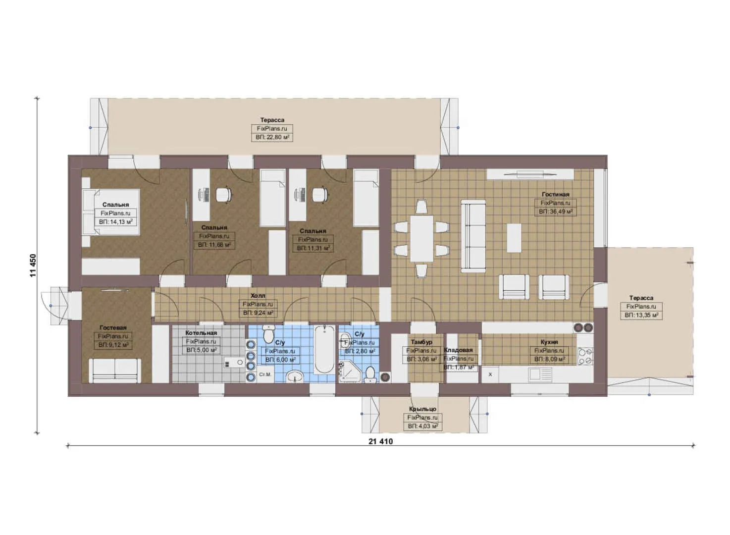 F-16460 - План одноэтажного дома 12 на 22, площадью 160 м² с террасой и 3 спальнями