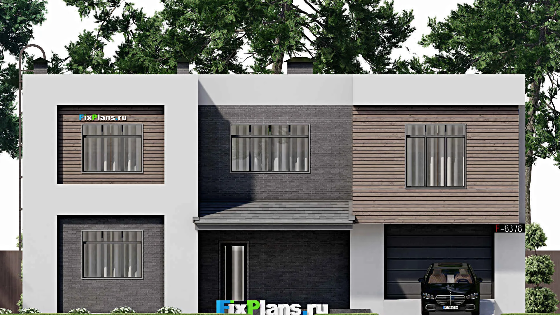 F-8378 - Проект двухэтажного дома 14 на 16, площадью 310 м² с террасой, балконом, гаражом на 1 машину и 4 спальнями