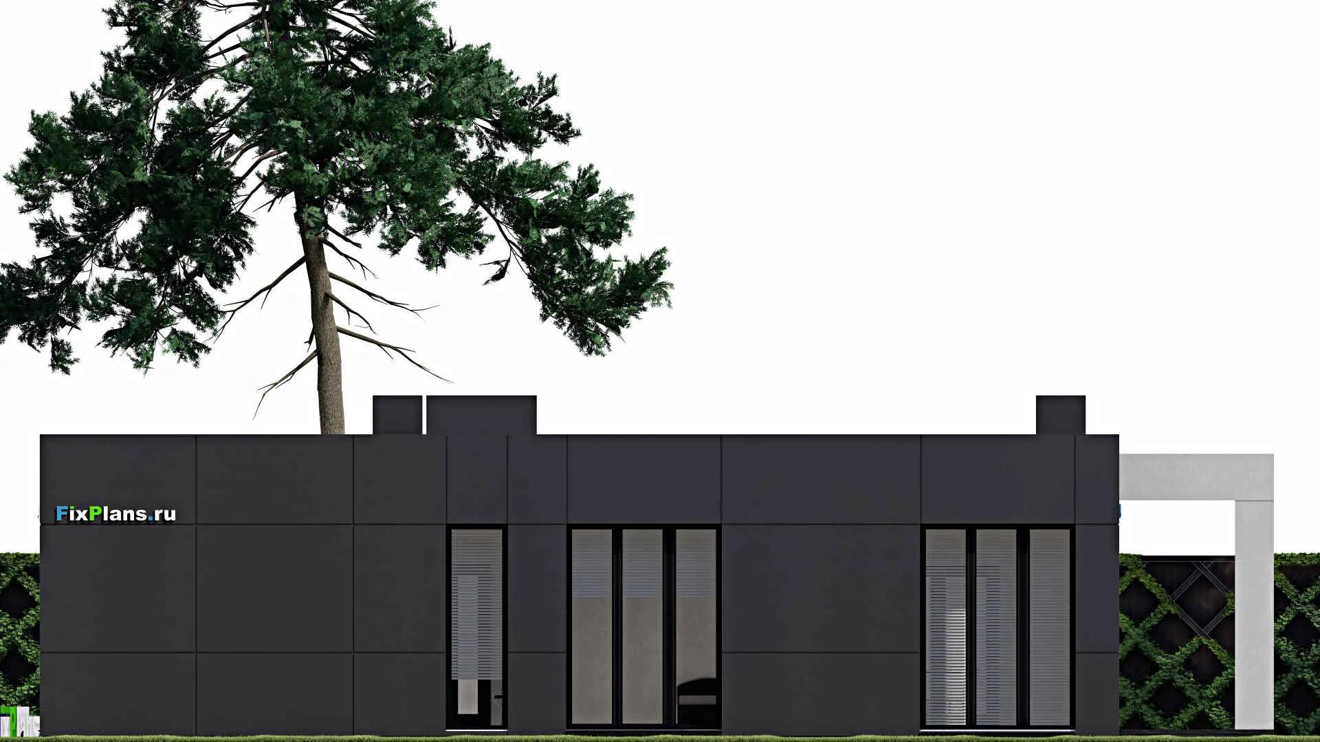 F-1079 - Проект одноэтажного дома 14 на 19, площадью 220 м² с террасой, гаражом на 1 машину и 3 спальнями