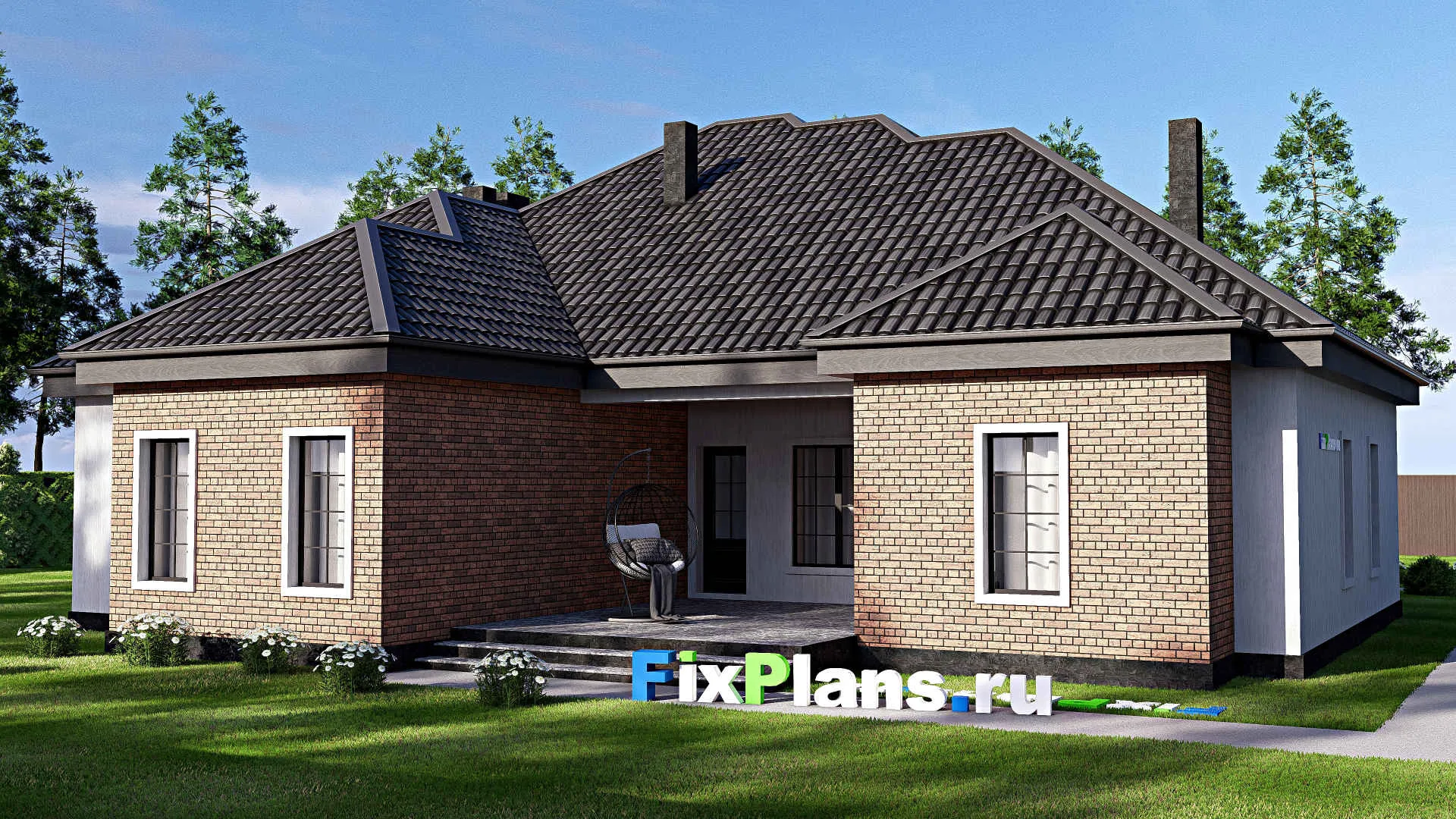 F-17099 - Проект одноэтажного дома 17 на 21, площадью 220 м² с террасой, гаражом на 2 машины и 3 спальнями