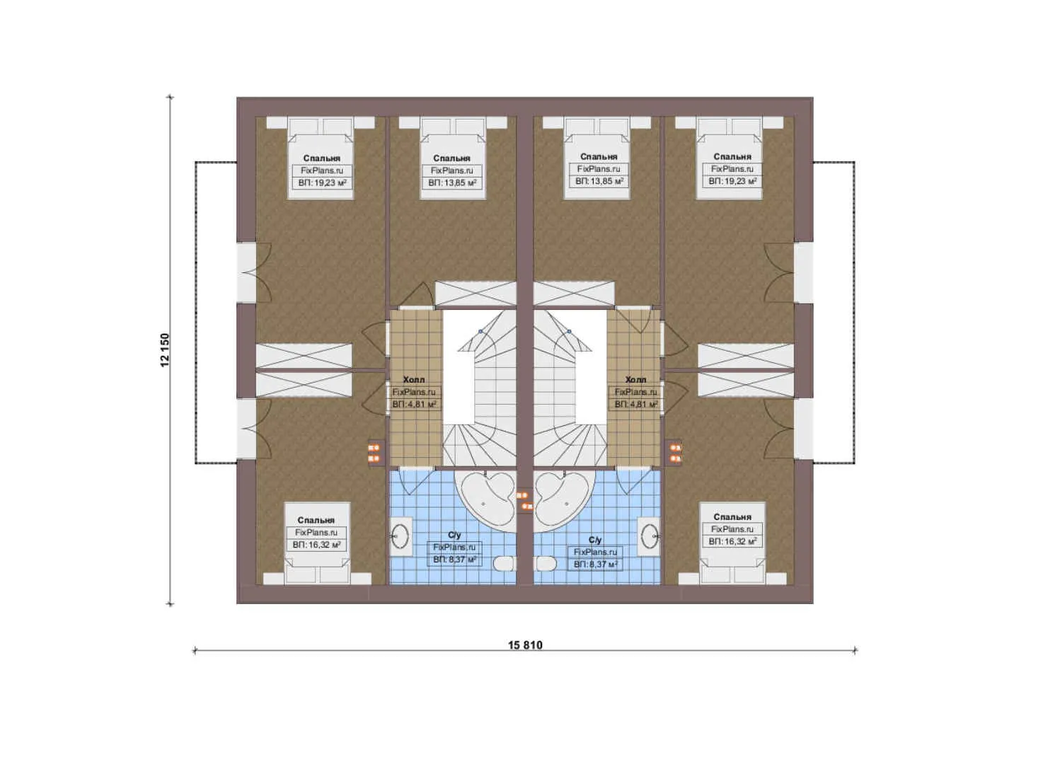 F-15992 - Планы дома с мансардой 15 на 16, площадью 290 м² с террасой и 6 спальнями