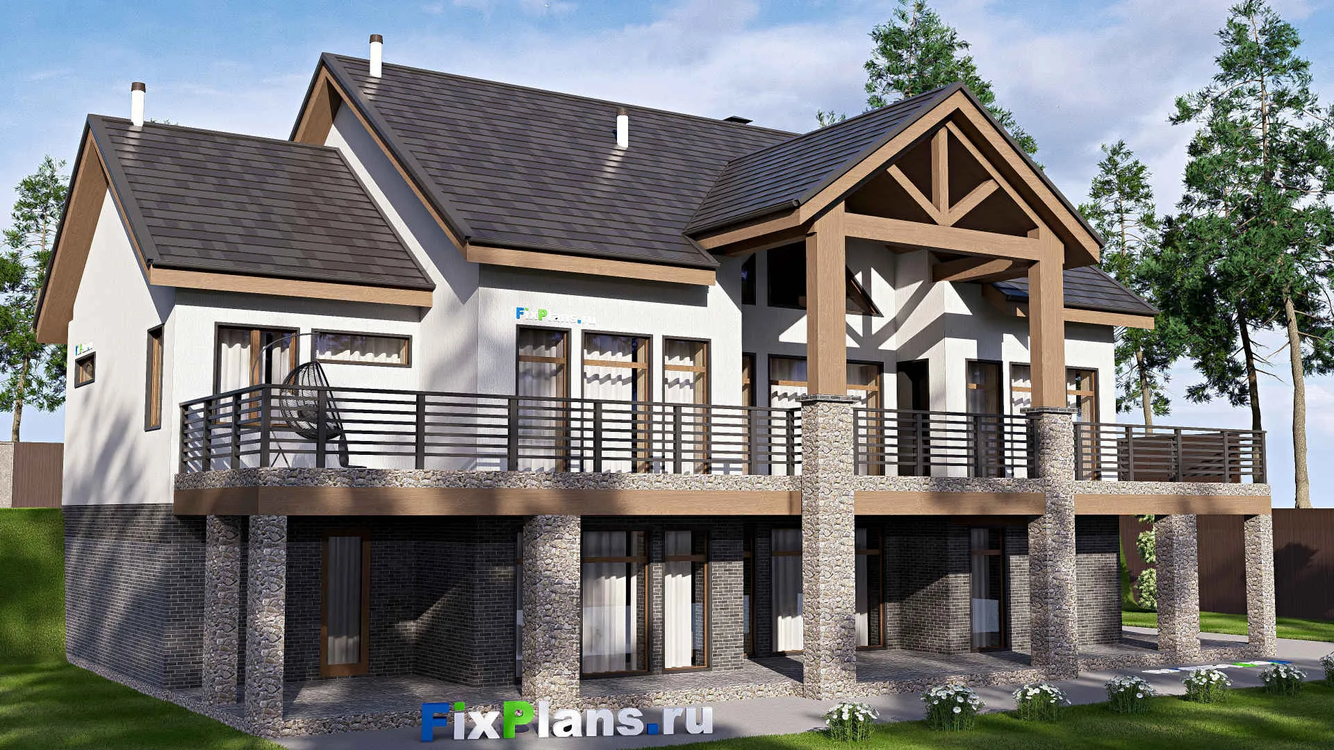 F-20627 - Проект одноэтажного дома 18 на 23, площадью 570 м² с террасой, цокольным этажом, гаражом на 2 машины и 3 спальнями