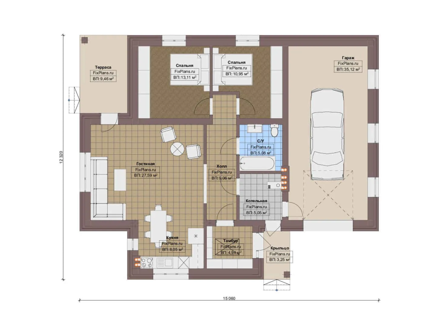 F-19187 - План одноэтажного дома 13 на 16, площадью 140 м² с террасой, гаражом на 2 машины и 2 спальнями