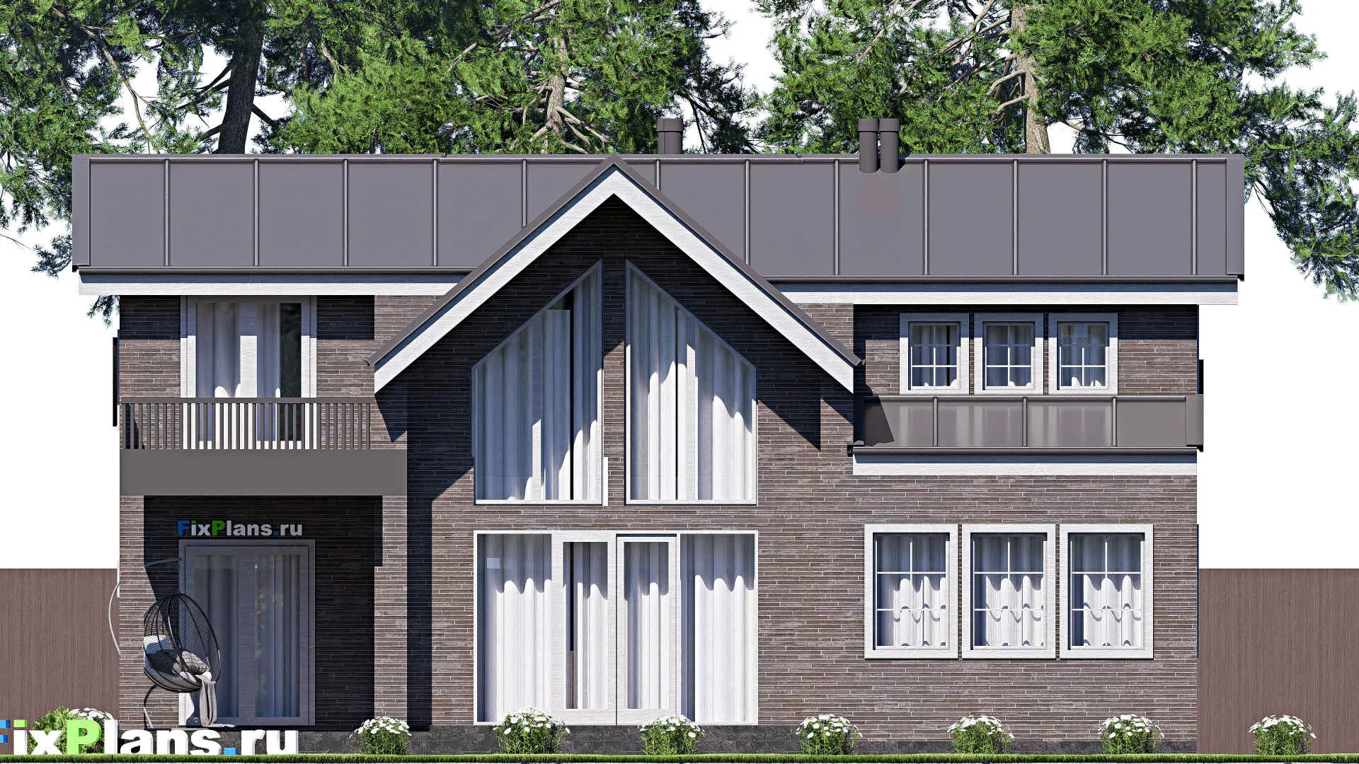 F-20411 - Проект дома с мансардой 14 на 15, площадью 240 м² с террасой, балконом, гаражом на 1 машину и 5 спальнями