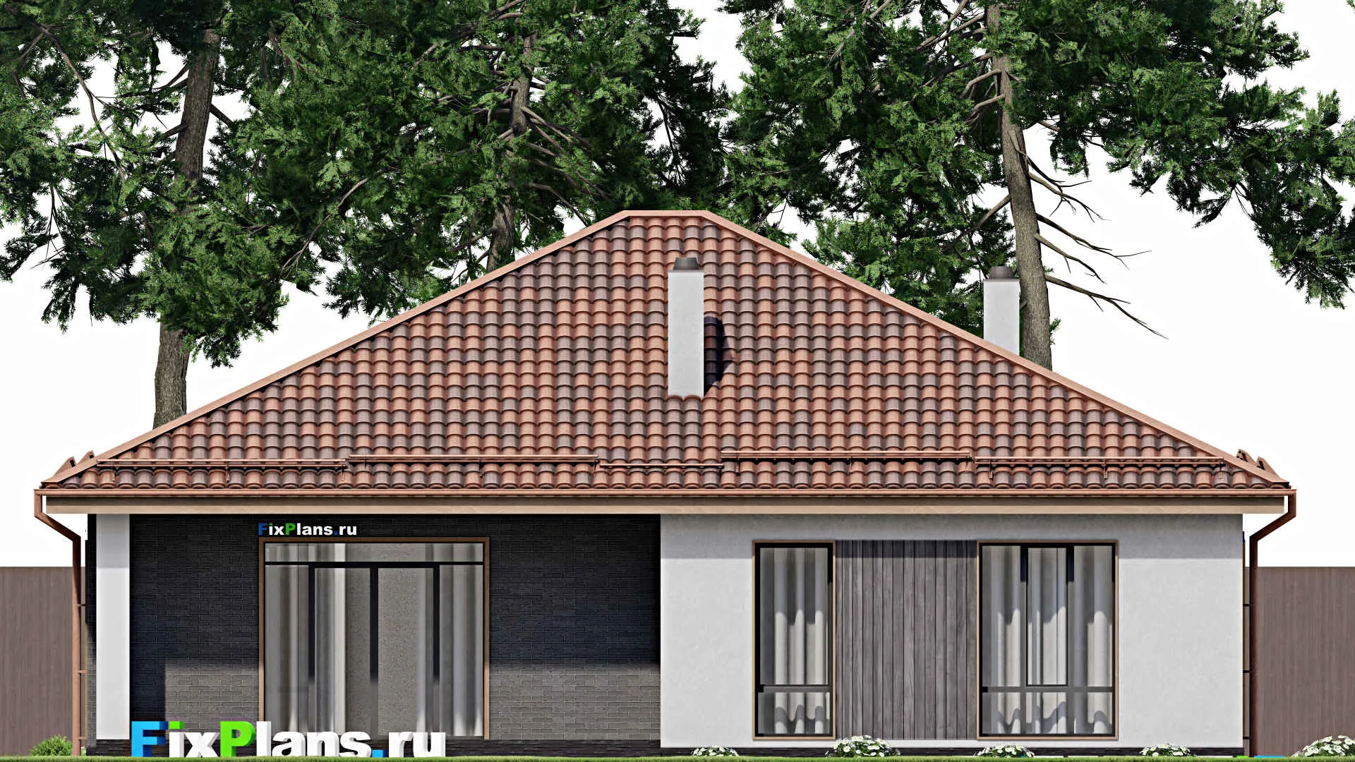 F-8009 - Проект одноэтажного дома 14 на 16, площадью 170 м² с террасой, гаражом на 2 машины и 2 спальнями