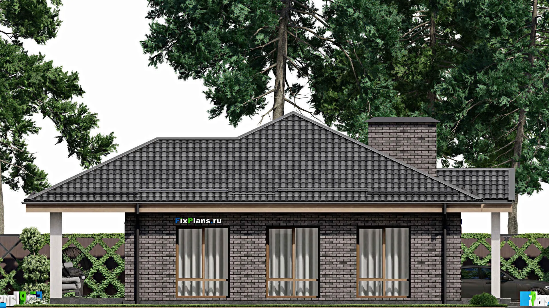 F-8126 - Проект одноэтажного дома 12 на 16, площадью 160 м² с террасой и 3 спальнями
