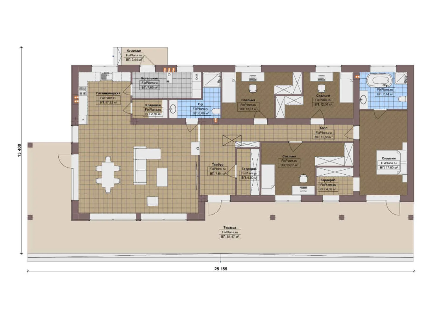 F-17648 - План одноэтажного дома 14 на 26, площадью 260 м² с террасой и 4 спальнями
