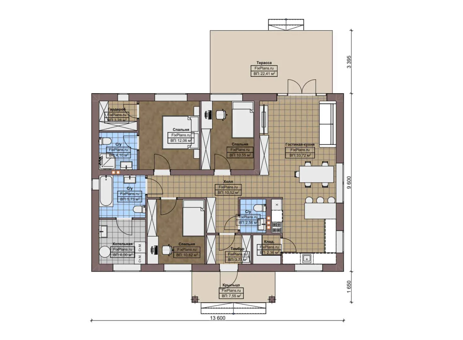 F-5597 - План одноэтажного дома 10 на 14, площадью 140 м² с террасой и 3 спальнями