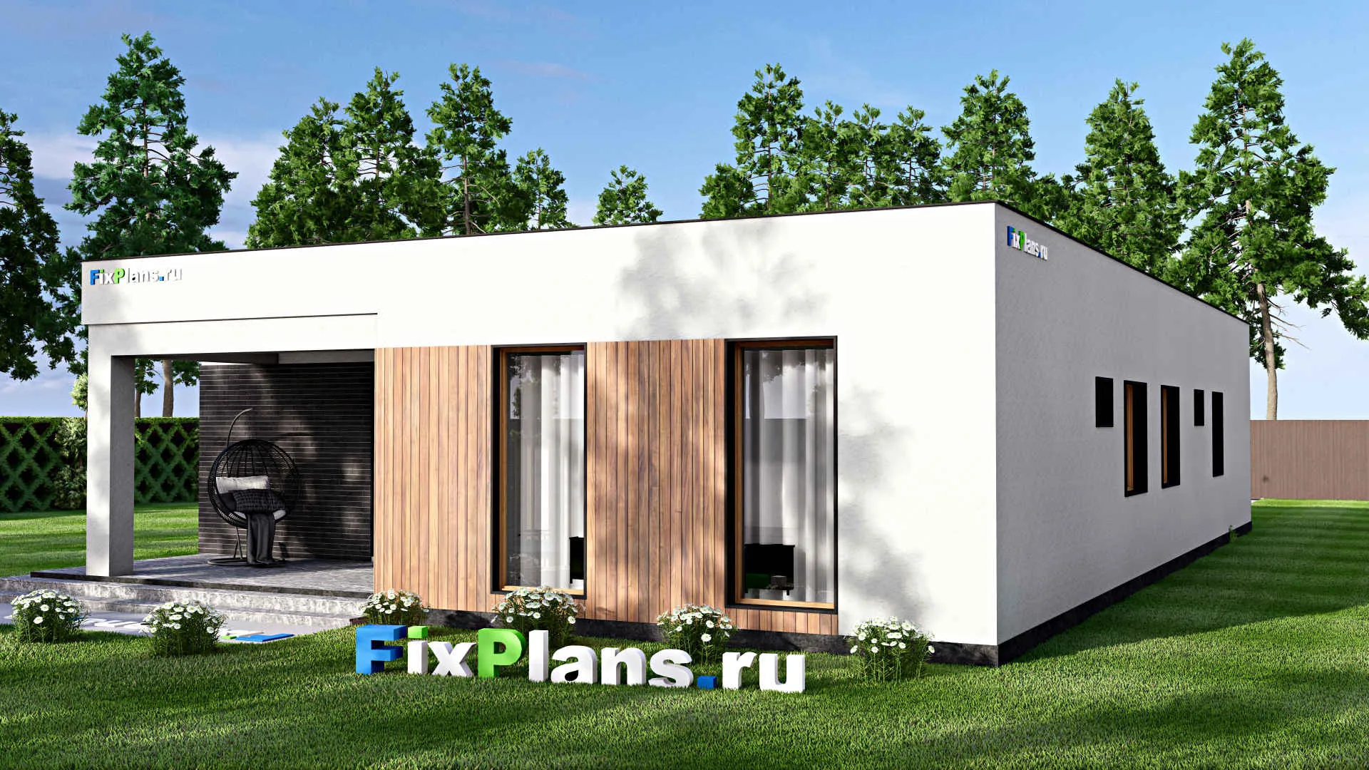 F-15776 - Проект одноэтажного дома 13 на 20, площадью 200 м² с террасой, гаражом на 2 машины и 3 спальнями