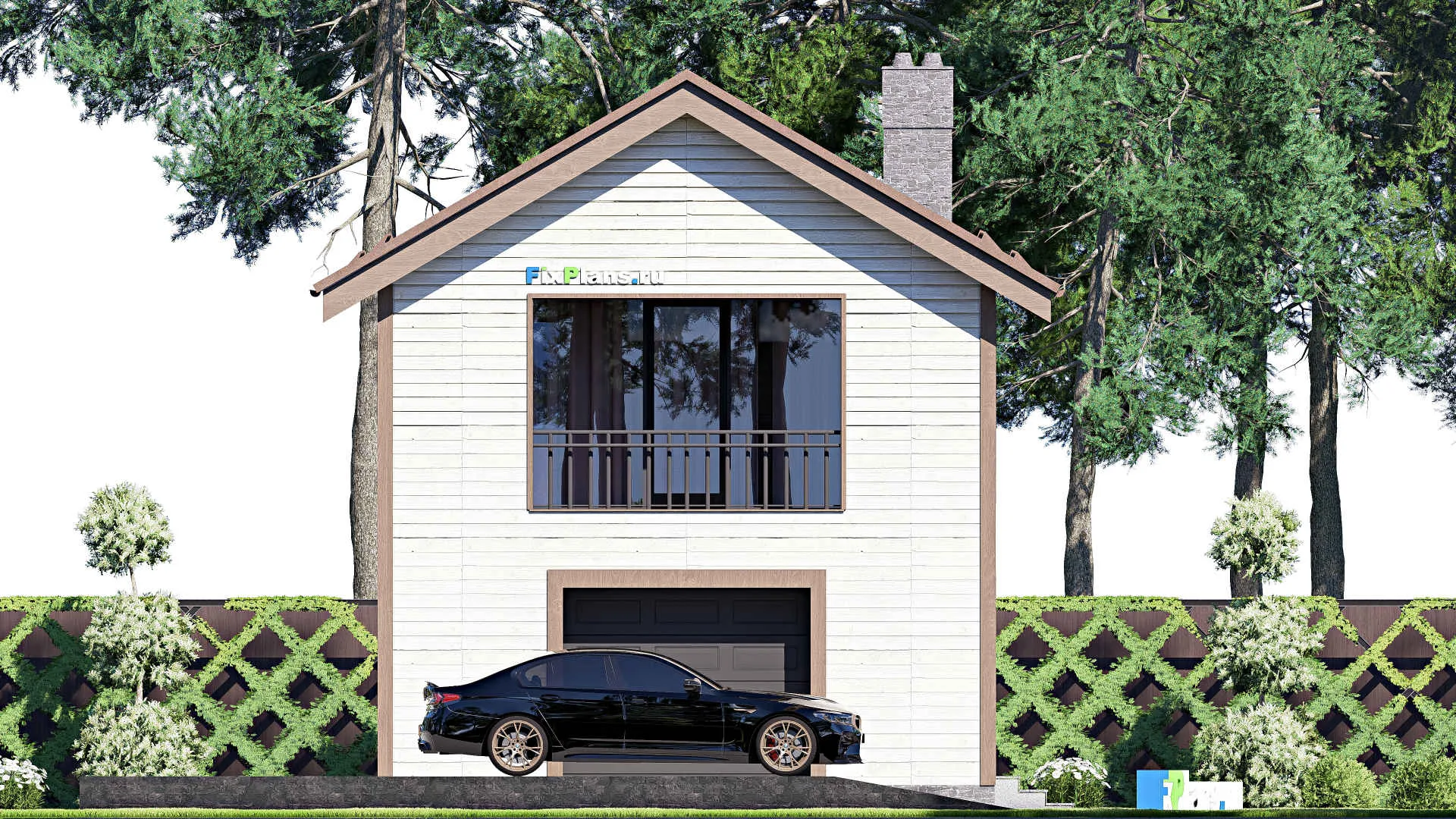 F-17459 - Проект дома с мансардой 7 на 12, площадью 110 м² с гаражом на 2 машины и 1 спальнями