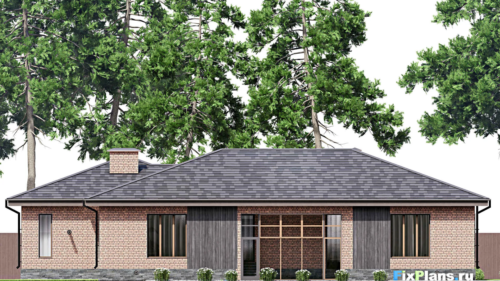 F-12806 - Проект одноэтажного дома 20 на 23, площадью 260 м² с террасой, гаражом на 2 машины и 4 спальнями