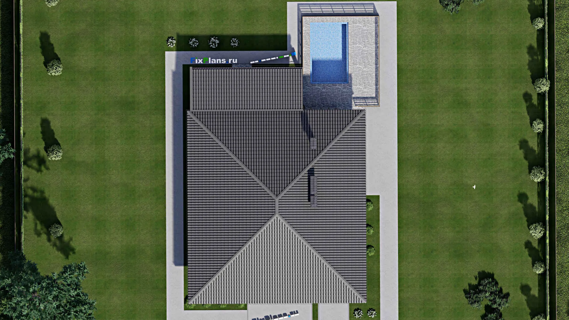 F-4562 - Проект одноэтажного дома 14 на 15, площадью 260 м² с террасой, баней, гаражом на 1 машину, бассейном и 3 спальнями