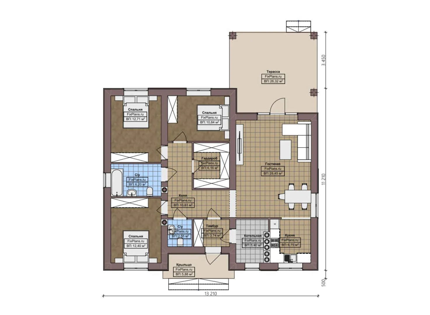 F-3095 - План одноэтажного дома 12 на 14, площадью 140 м² с террасой и 3 спальнями
