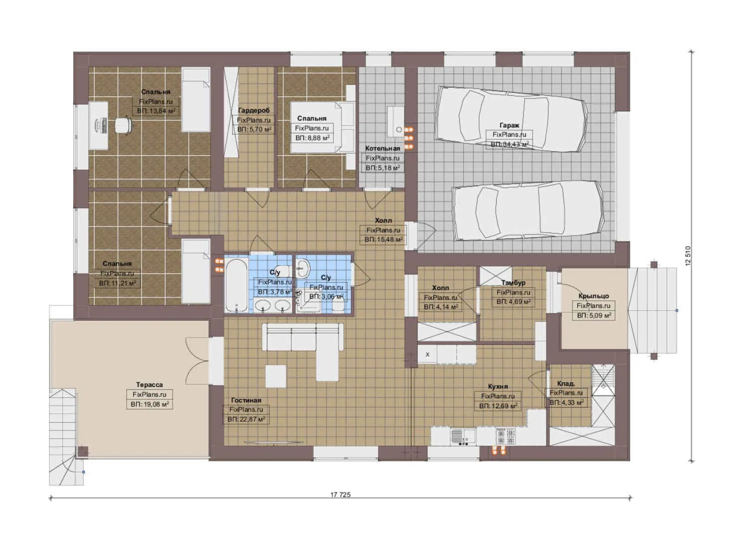 F-14291 - План одноэтажного дома 13 на 18, площадью 180 м² с террасой, гаражом на 1 машину и 3 спальнями