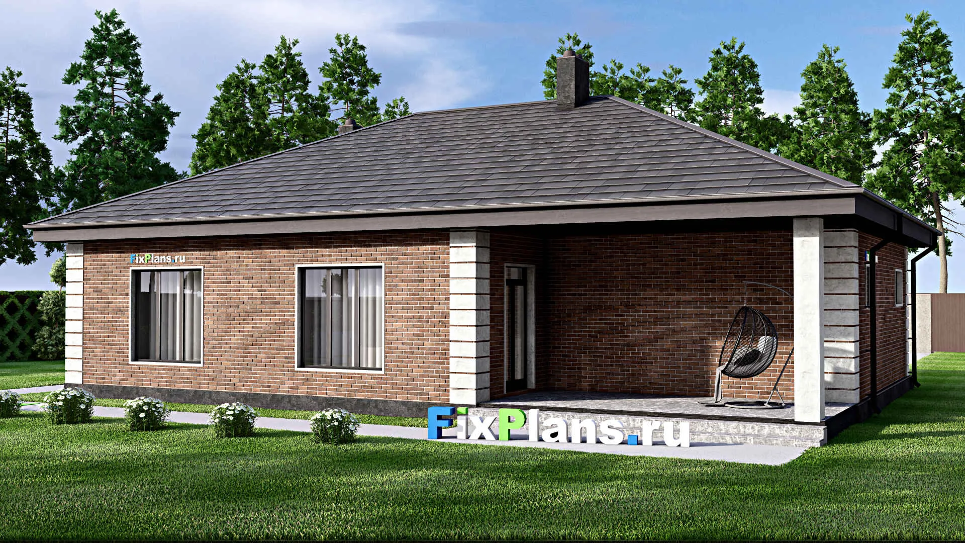 F-14525 - Проект одноэтажного дома 13 на 17, площадью 150 м² с террасой, гаражом на 2 машины и 2 спальнями