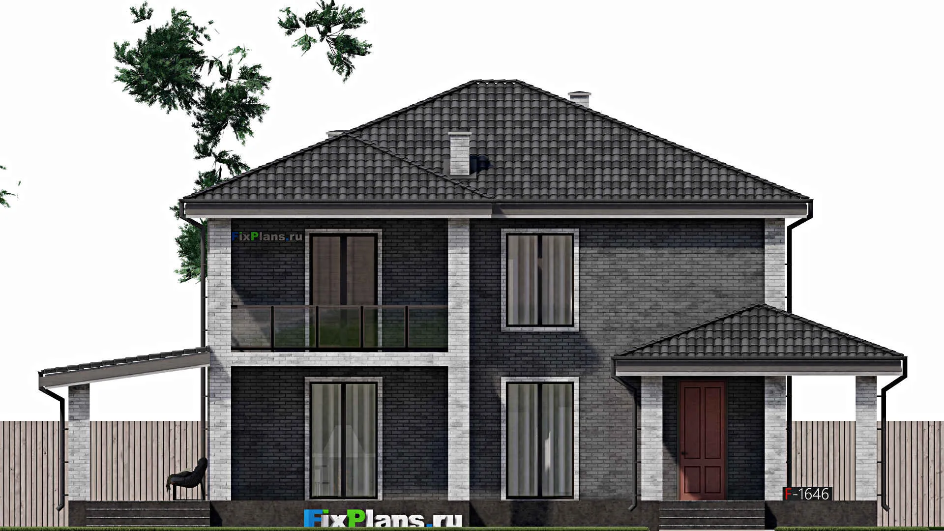 F-1646 - Проект двухэтажного дома 11 на 13, площадью 250 м² с террасой, балконом и 4 спальнями