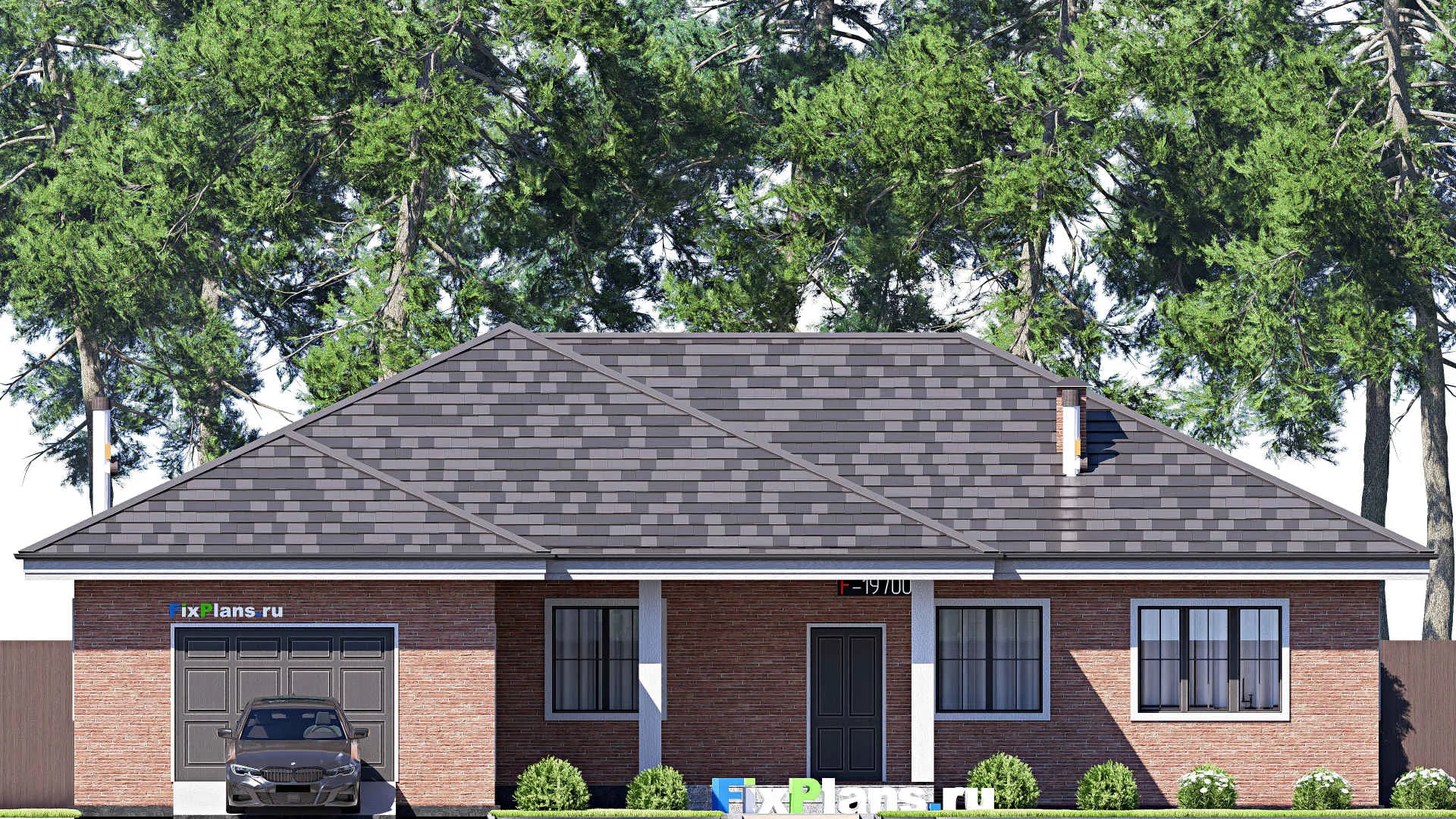 F-19700 - Проект одноэтажного дома 18 на 19, площадью 200 м² с террасой, гаражом на 2 машины и 2 спальнями