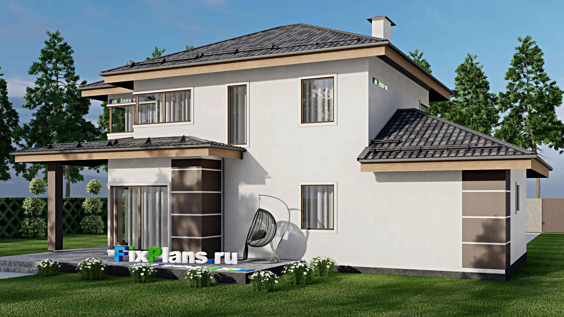 F-10241 - Проект двухэтажного дома 14 на 17, площадью 220 м² с террасой, гаражом на 1 машину и 3 спальнями