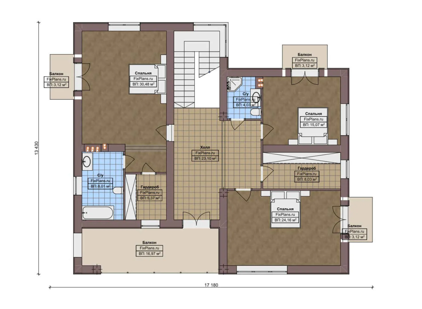 F-12311 - Планы двухэтажного дома 14 на 15, площадью 290 м² с 3 спальнями