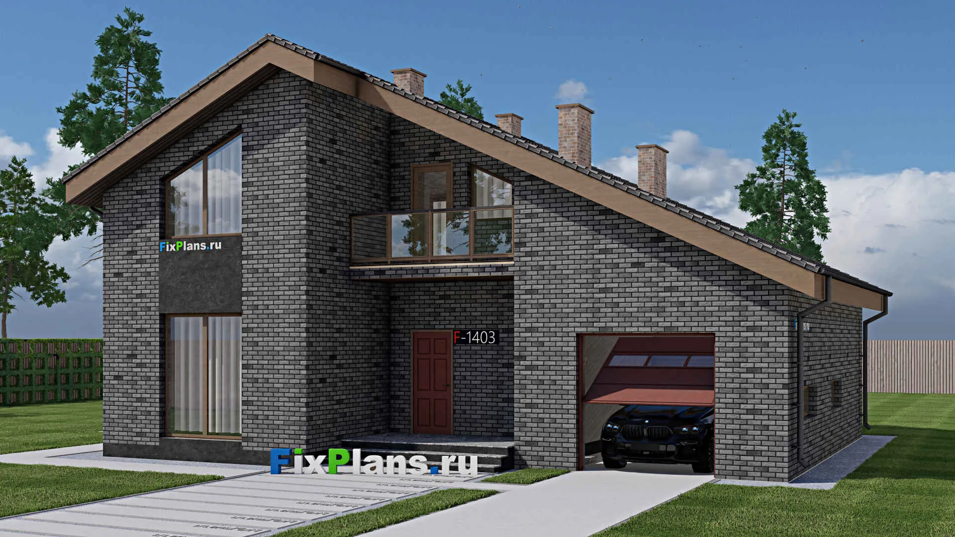 F-1403 - Проект дома с мансардой 12 на 14, площадью 190 м² с террасой, балконом, гаражом на 1 машину и 4 спальнями