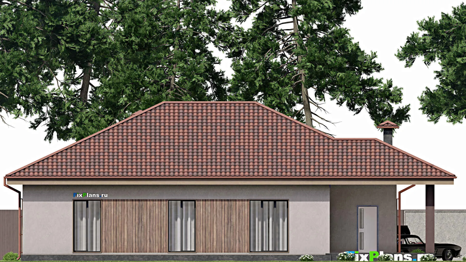 F-8261 - Проект одноэтажного дома 19 на 20, площадью 230 м² с террасой, гаражом на 2 машины и 3 спальнями