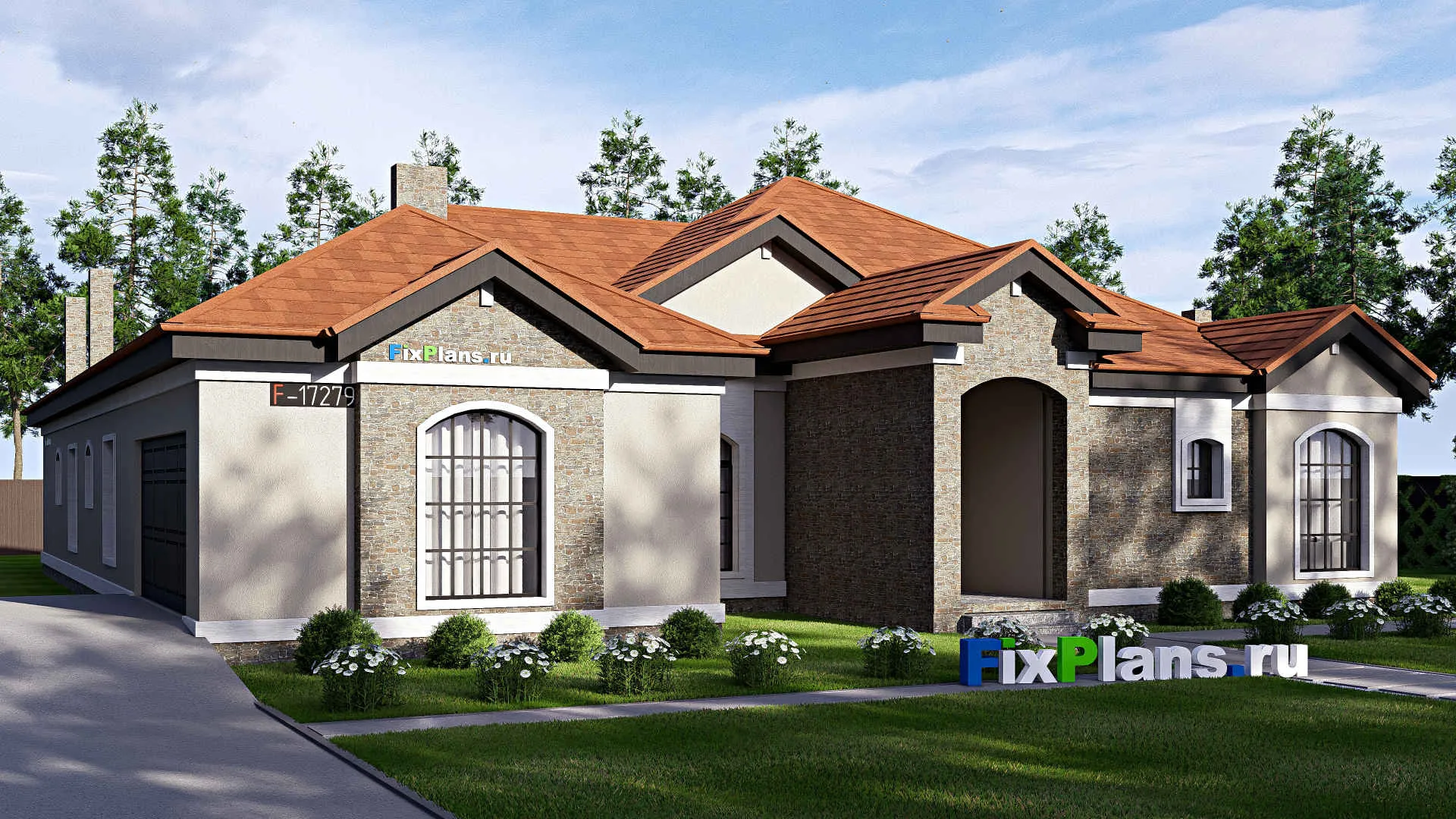 F-17279 - Проект одноэтажного дома 20 на 24, площадью 310 м² с террасой, гаражом на 2 машины и 4 спальнями