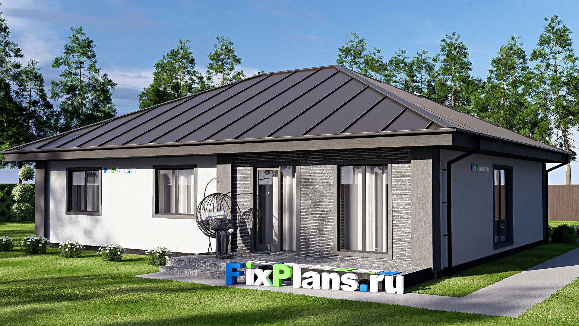 F-17918 - Проект одноэтажного дома 15 на 16, площадью 170 м² с террасой и 3 спальнями