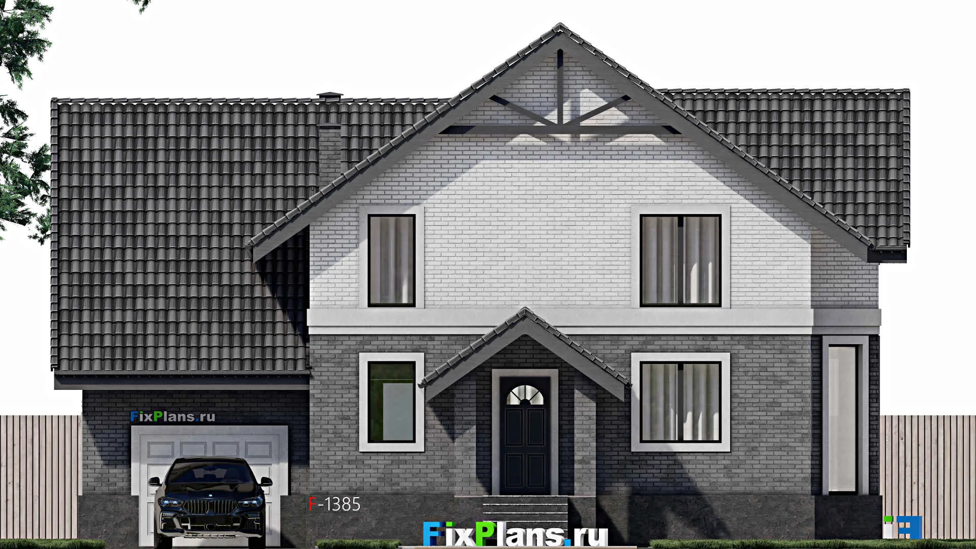 F-1385 - Проект дома с мансардой 12 на 15, площадью 330 м² с террасой, балконом, цокольным этажом, гаражом на 1 машину, спортзалом и 4 спальнями