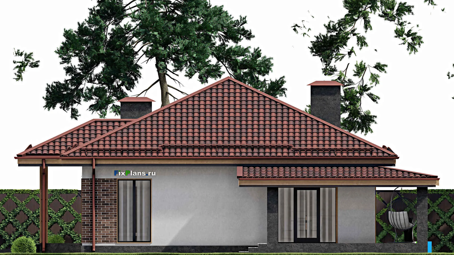 F-6884 - Проект одноэтажного дома 15 на 22, площадью 190 м² с террасой, гаражом на 1 машину и 3 спальнями