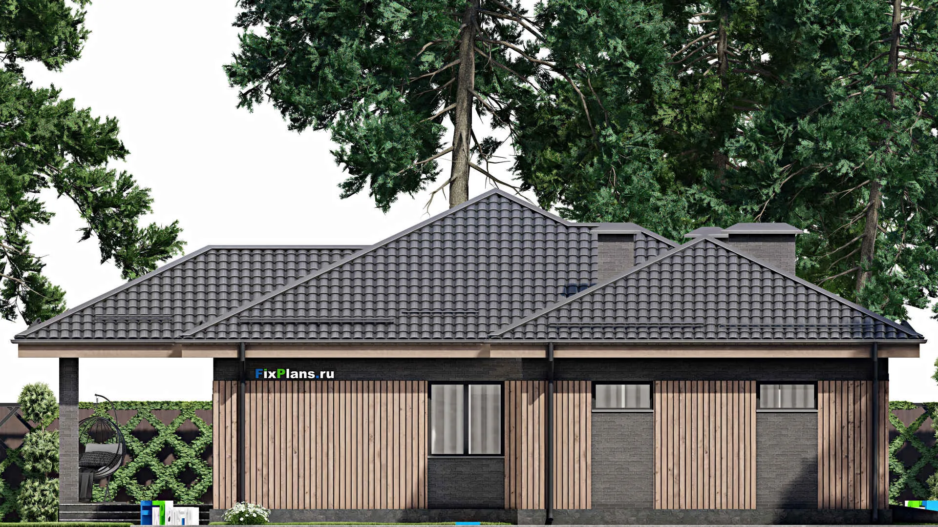 F-3707 - Проект одноэтажного дома 14 на 19, площадью 170 м² с террасой, гаражом на 2 машины и 2 спальнями