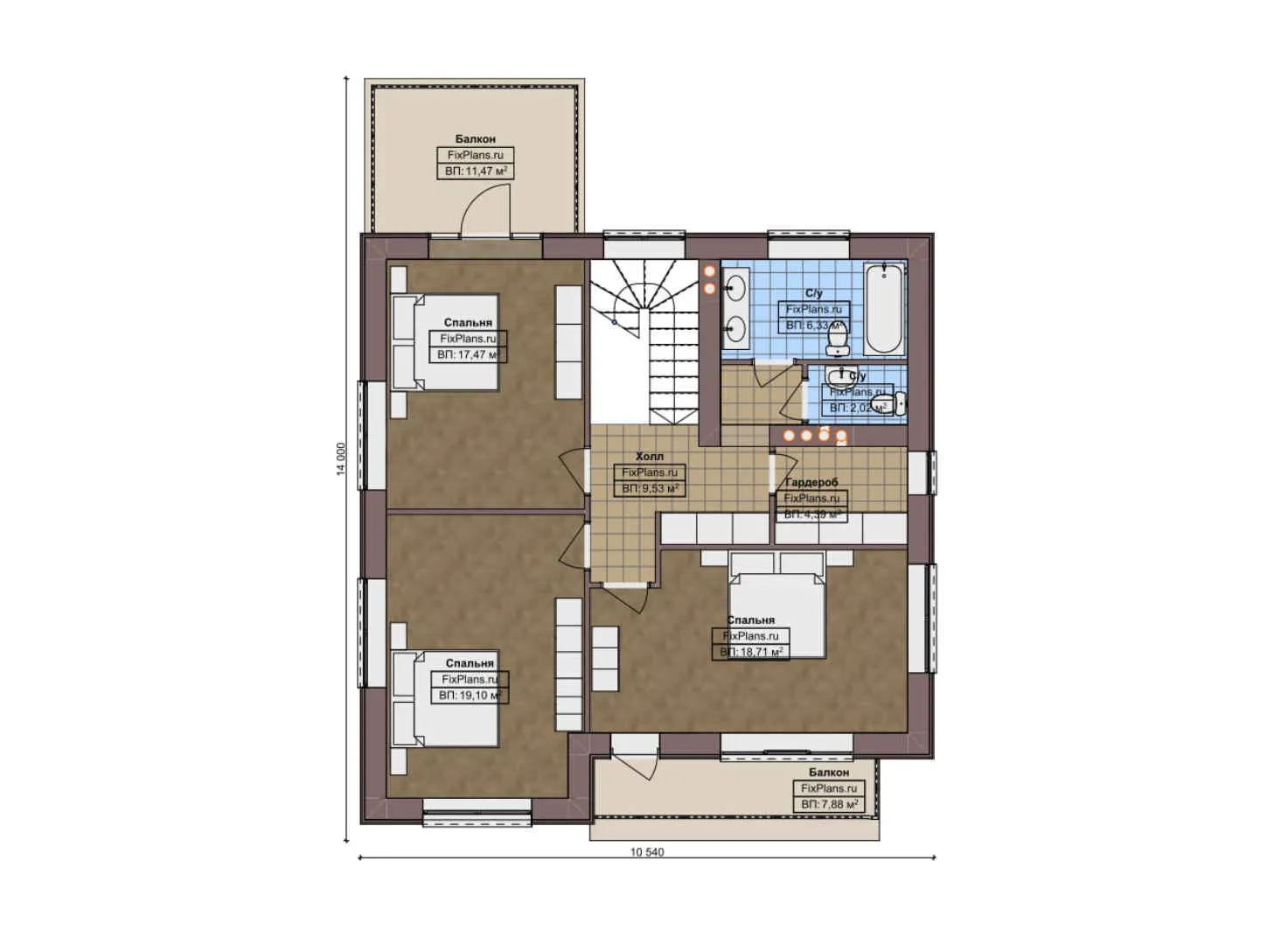 F-5624 - Планы двухэтажного дома 11 на 14, площадью 200 м² с террасой, балконом и 4 спальнями