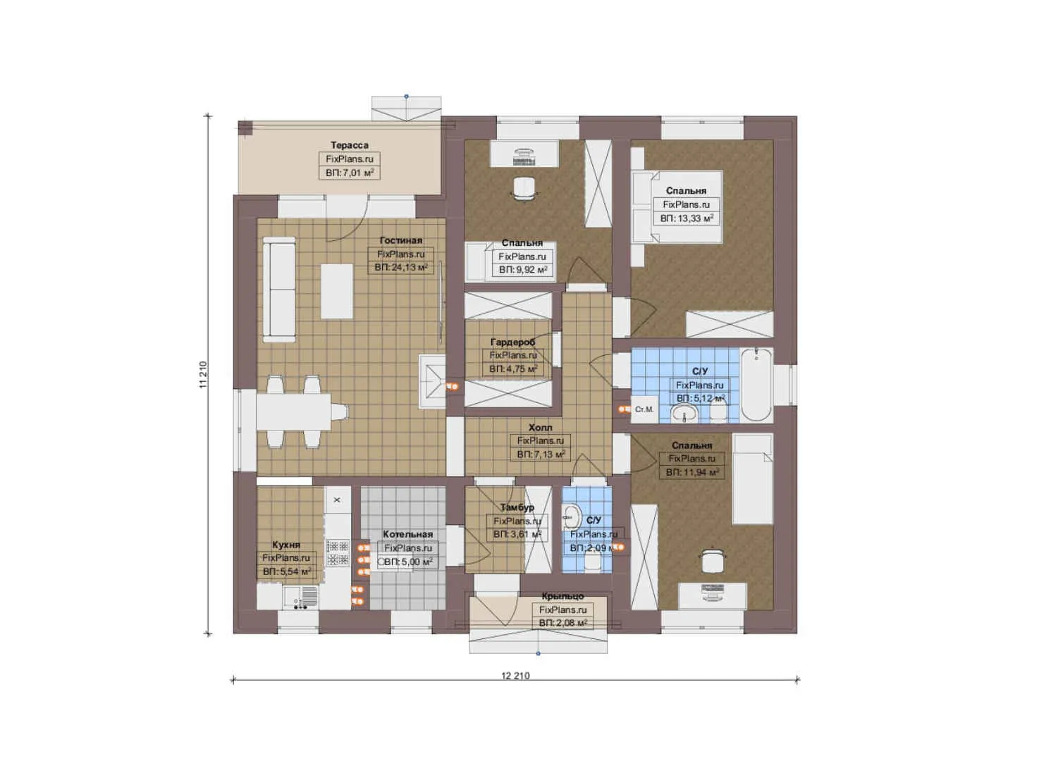 F-18629 - План одноэтажного дома 12 на 13, площадью 110 м² с террасой и 3 спальнями