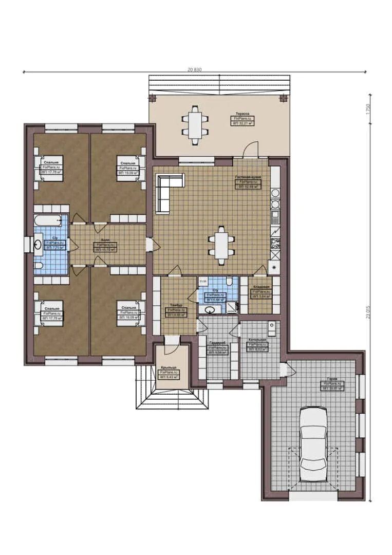 F-1808 - План одноэтажного дома 21 на 24, площадью 270 м² с террасой, гаражом на 2 машины и 4 спальнями