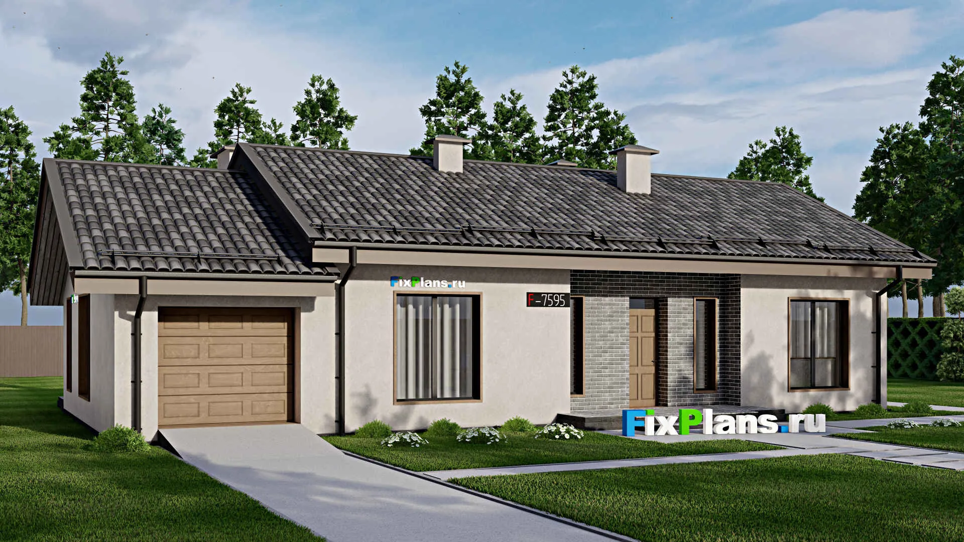F-7595 - Проект одноэтажного дома 10 на 15, площадью 160 м² с террасой, гаражом на 1 машину и 3 спальнями