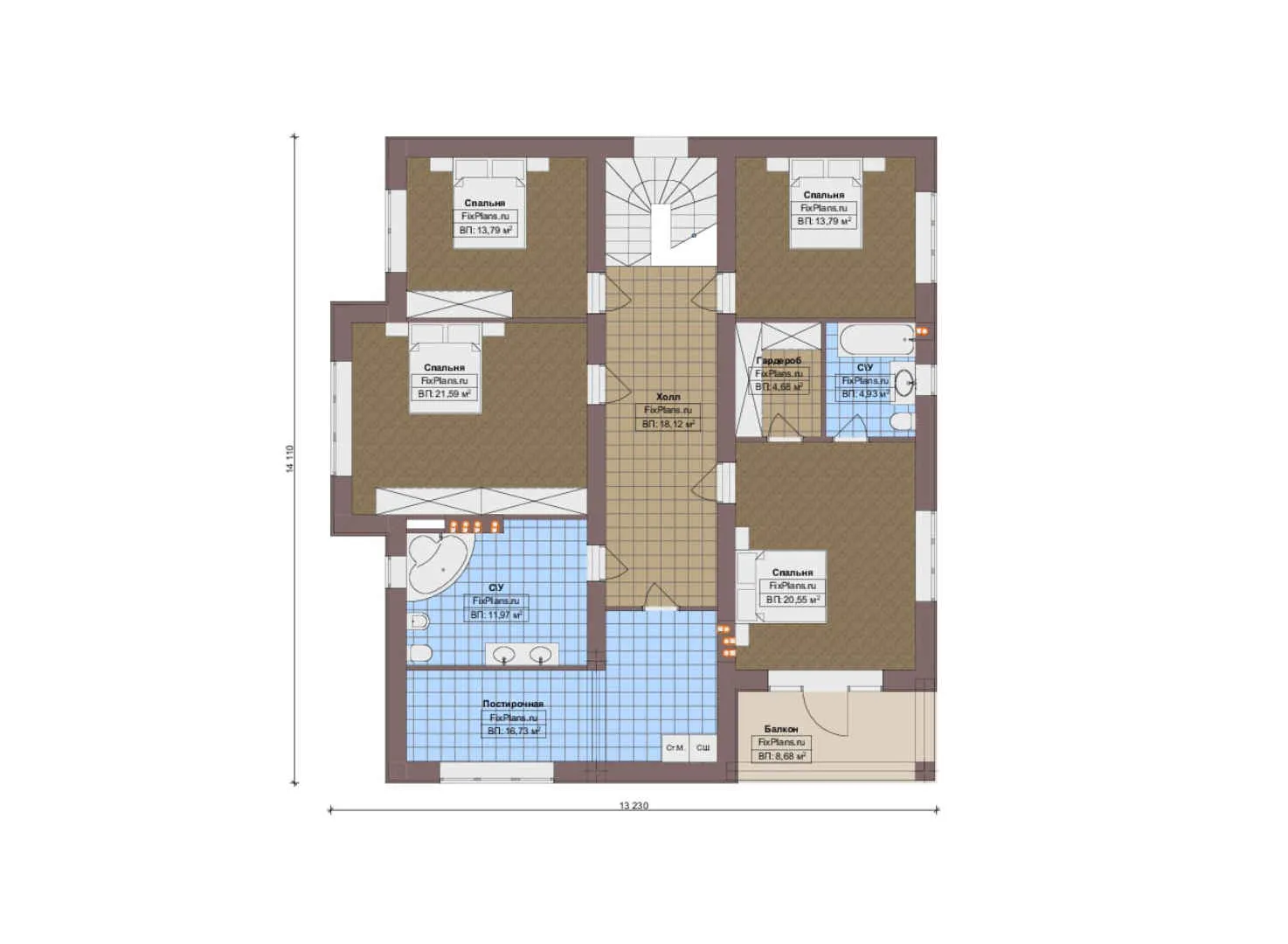 F-19151 - Планы двухэтажного дома 17 на 18, площадью 330 м² с террасой, балконом и 5 спальнями