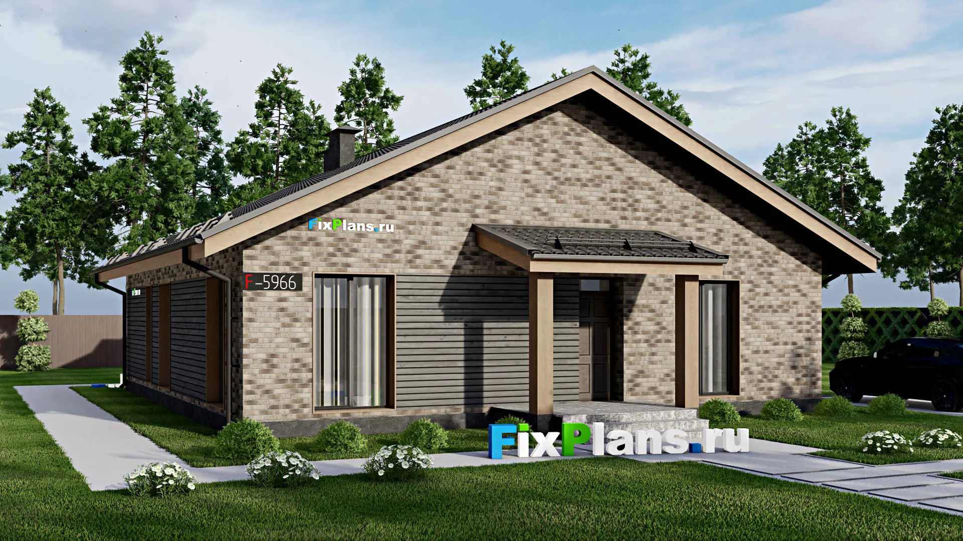 F-5966 - Проект одноэтажного дома 13 на 14, площадью 150 м² с террасой, баней и 2 спальнями