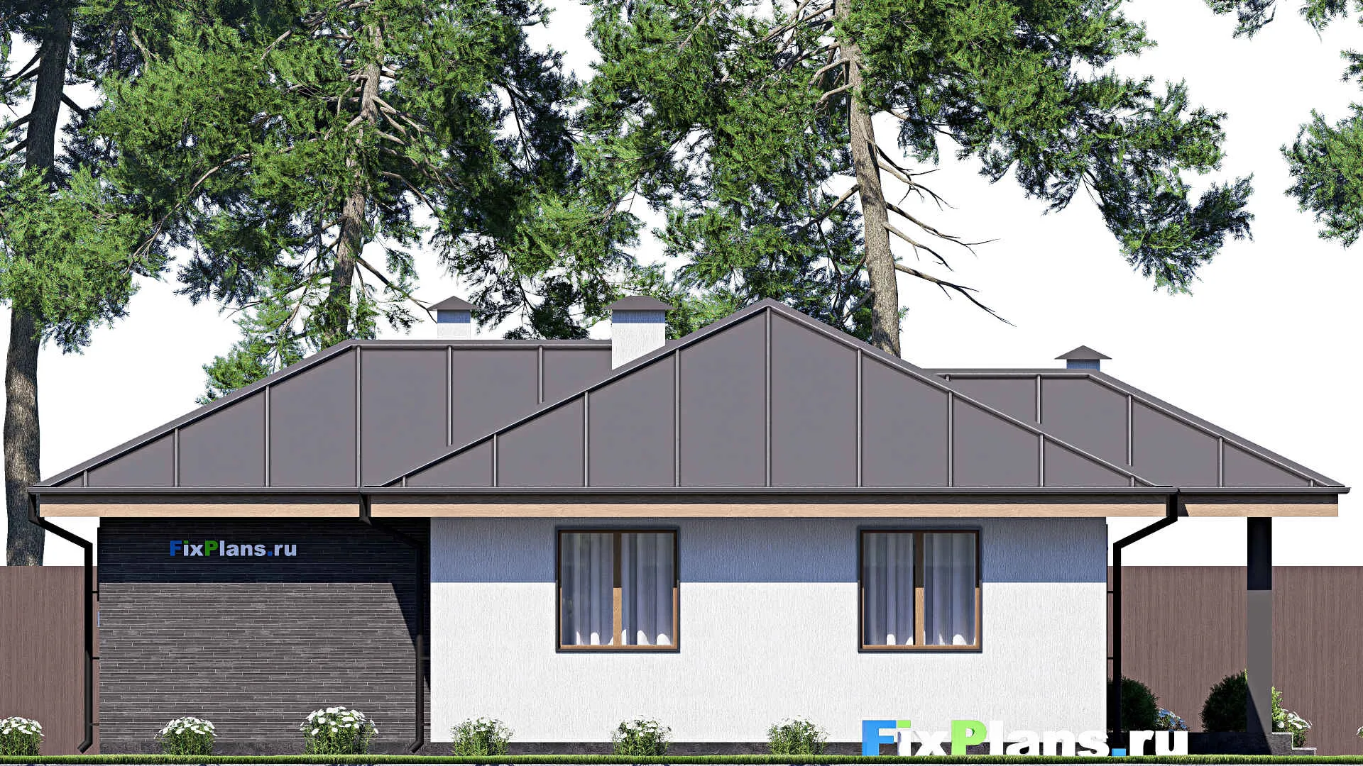 F-17873 - Проект одноэтажного дома 14 на 15, площадью 120 м² с террасой, гаражом на 1 машину и 2 спальнями