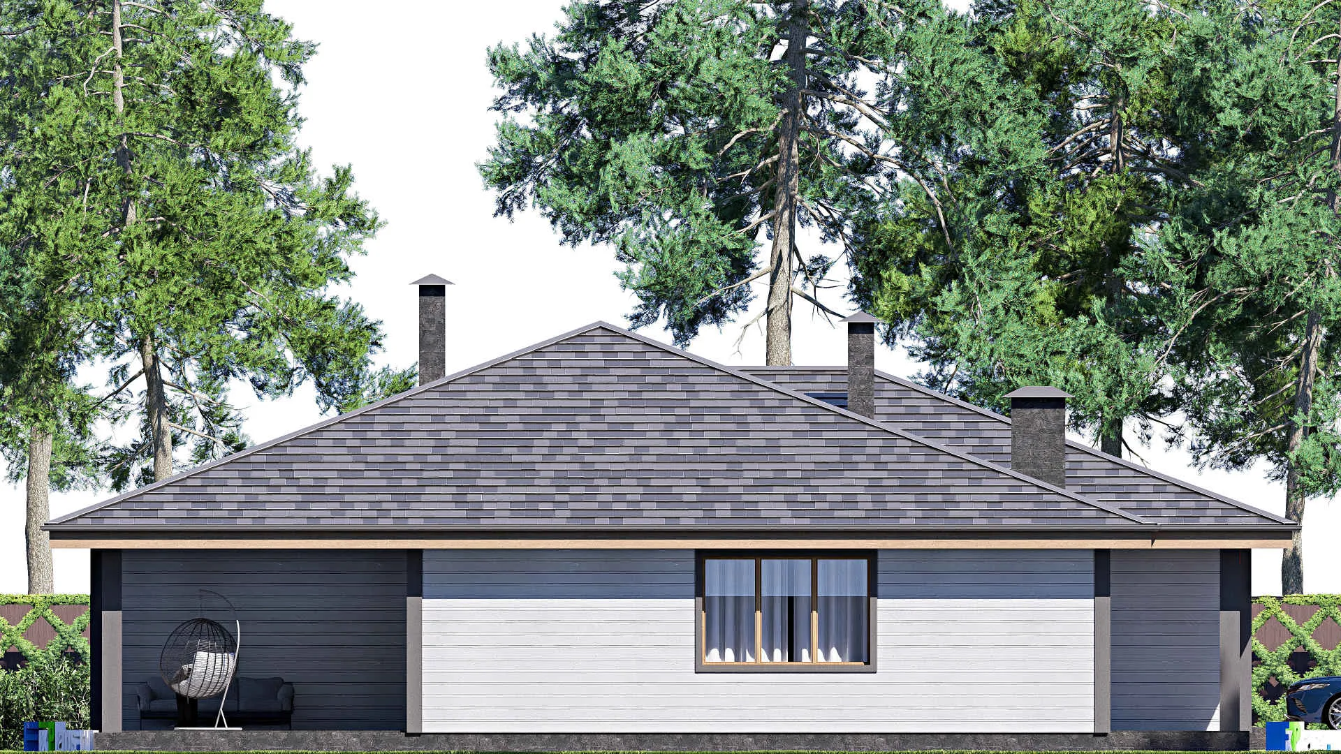 F-18890 - Проект одноэтажного дома 18 на 18, площадью 200 м² с гаражом на 1 машину и 3 спальнями