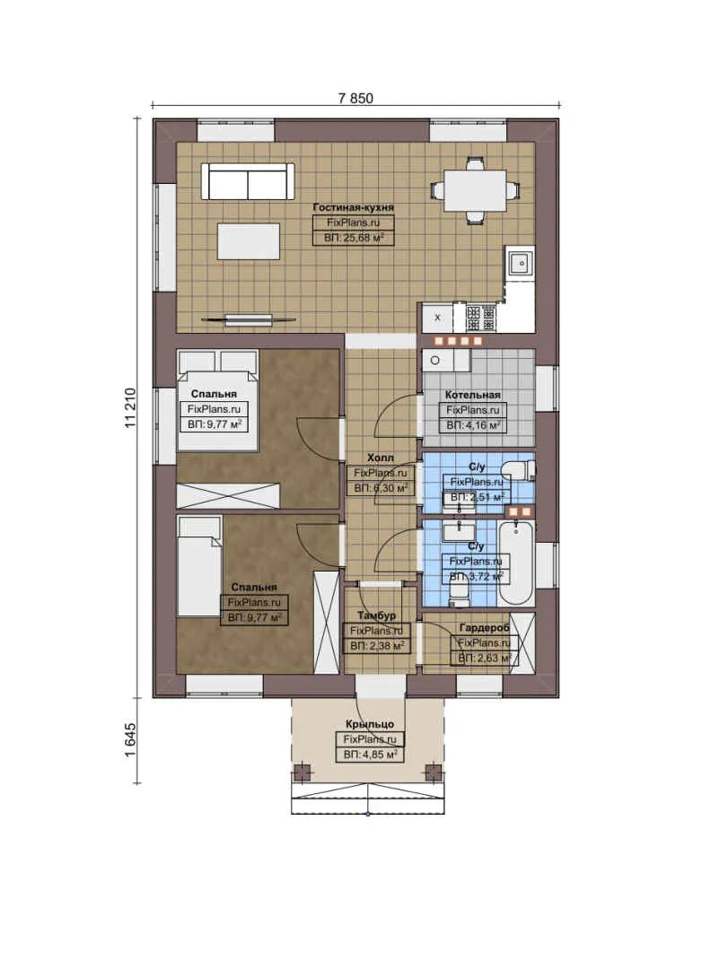 F-5948 - План одноэтажного дома 8 на 12, площадью 80 м² с 2 спальнями