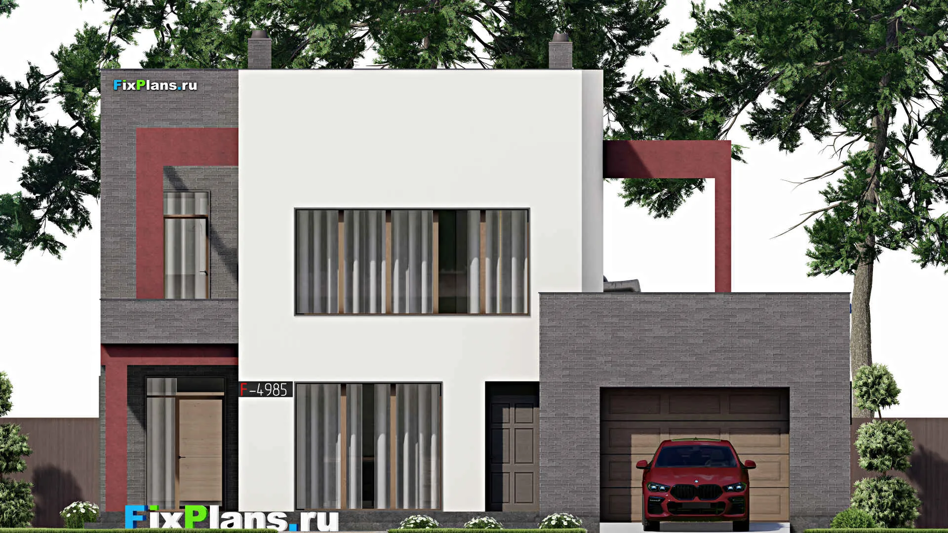 F-4985 - Проект двухэтажного дома 14 на 16, площадью 350 м² с террасой, балконом, баней, гаражом на 1 машину и 5 спальнями