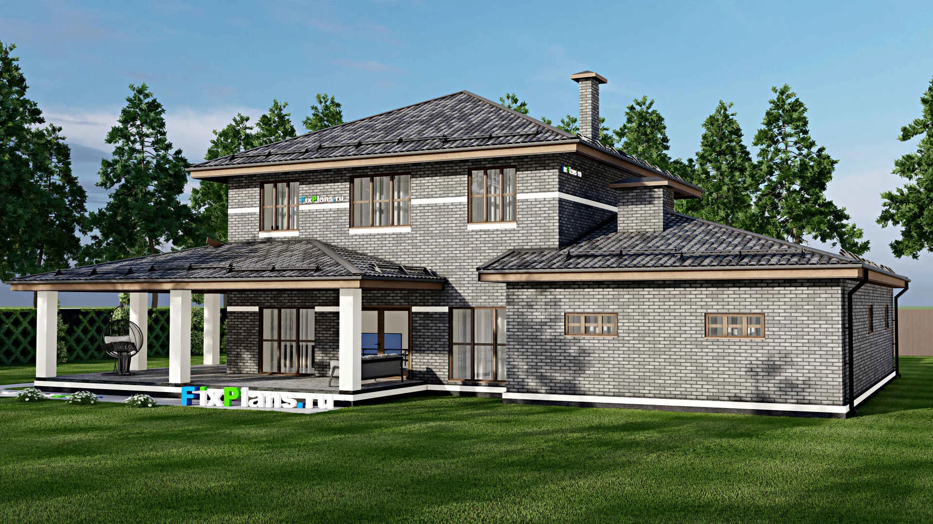 F-3482 - Проект двухэтажного дома 19 на 23, площадью 350 м² с террасой, гаражом на 2 машины и 5 спальнями