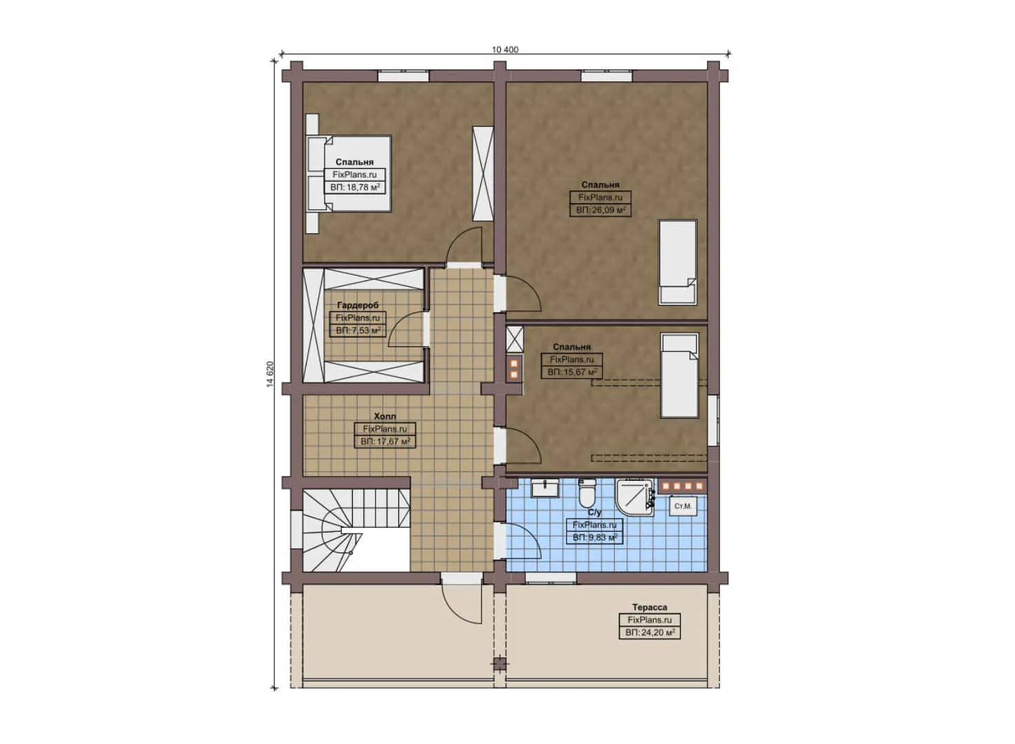 F-10268 - Планы дома с мансардой 13 на 15, площадью 270 м² с террасой и 3 спальнями