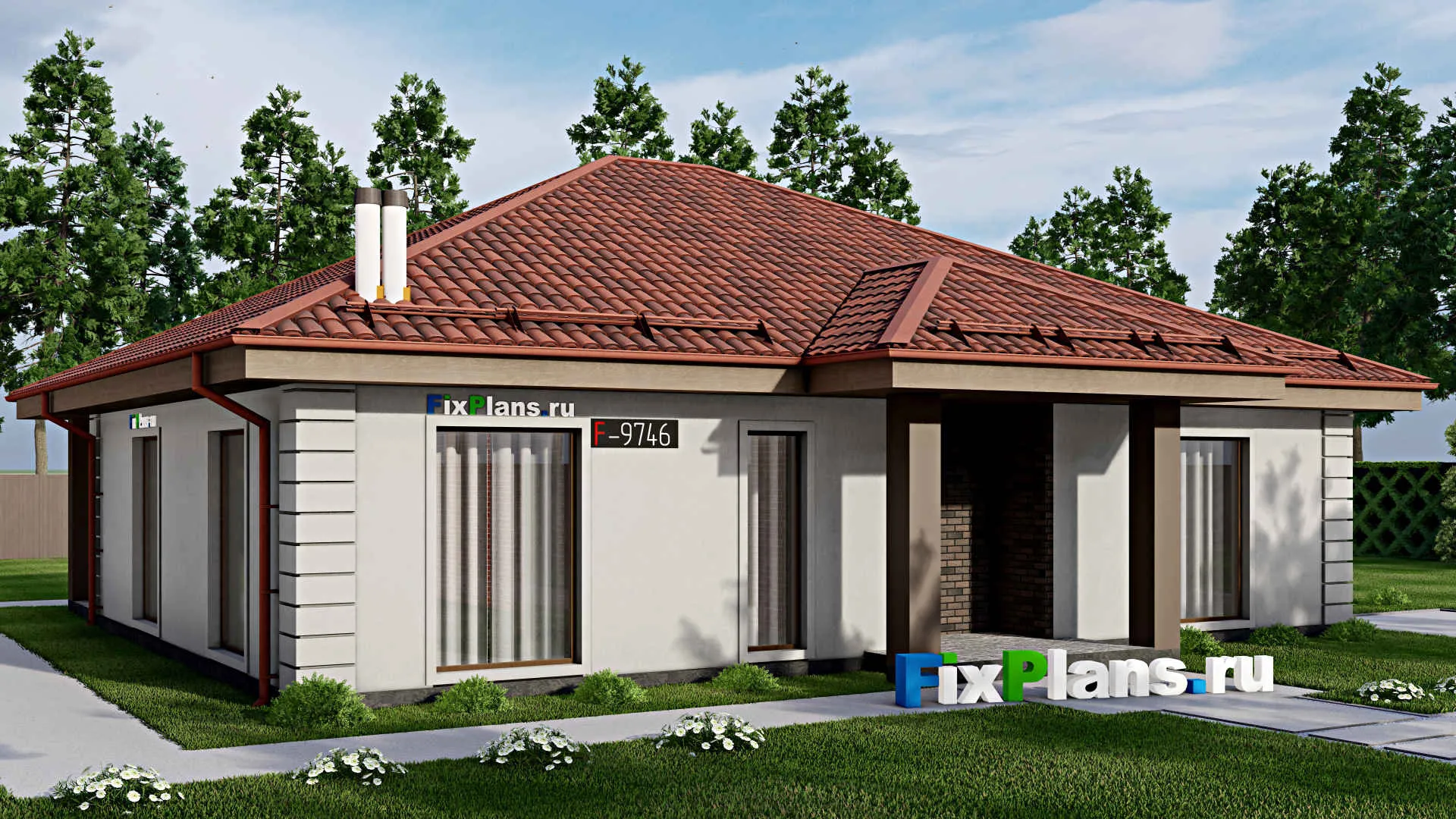 F-9746 - Проект одноэтажного дома 14 на 15, площадью 150 м² с террасой и 3 спальнями
