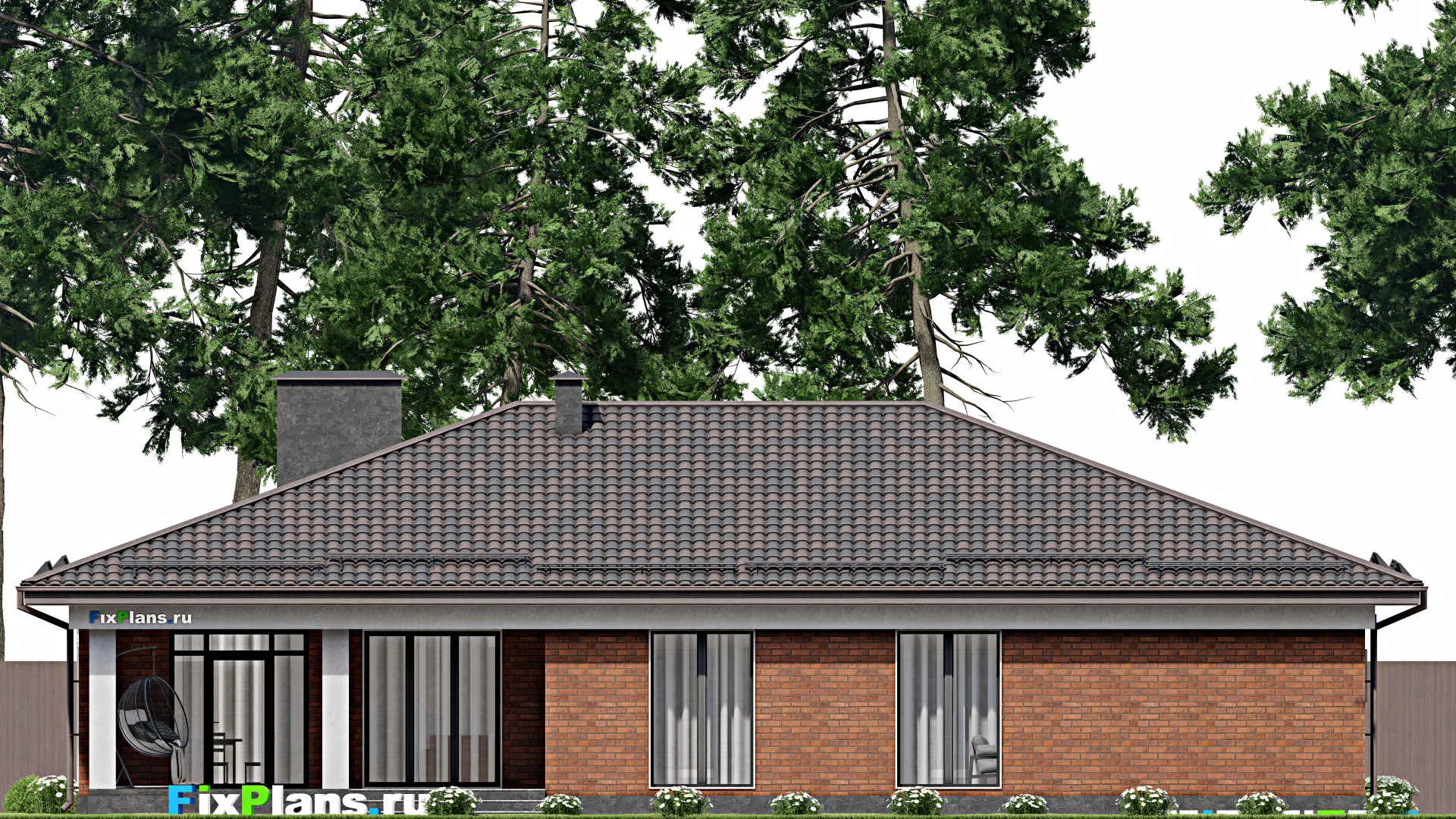 F-6947 - Проект одноэтажного дома 14 на 20, площадью 200 м² с террасой, гаражом на 2 машины и 3 спальнями