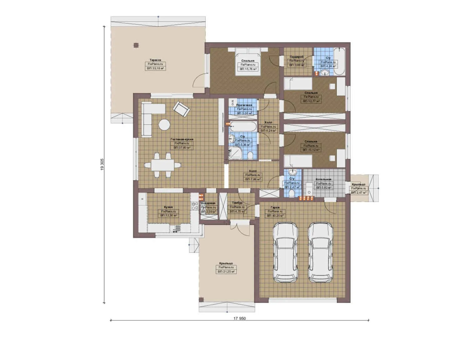 F-15920 - План одноэтажного дома 18 на 20, площадью 240 м² с террасой, гаражом на 2 машины и 3 спальнями