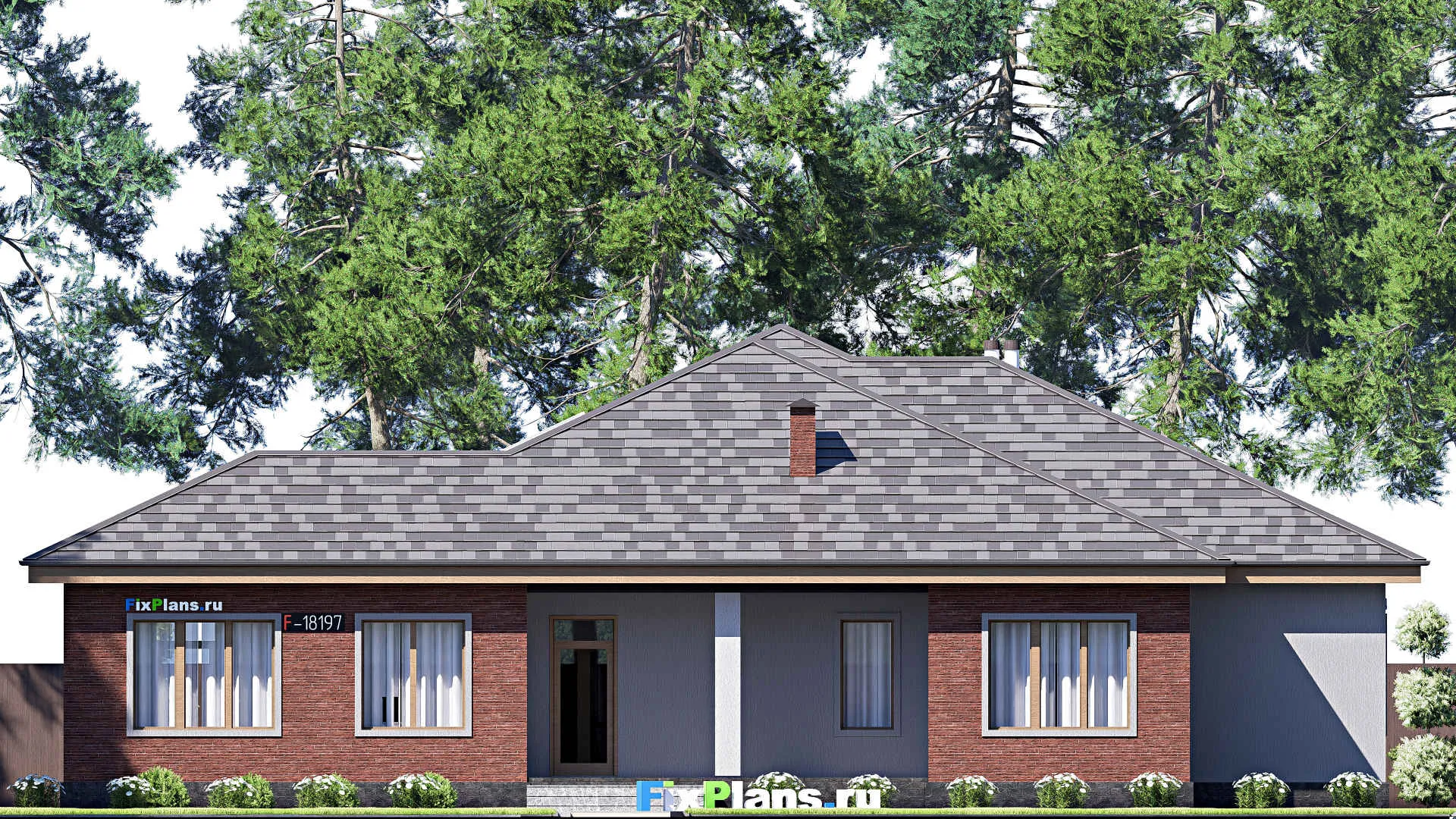 F-18197 - Проект одноэтажного дома 17 на 21, площадью 250 м² с террасой и 5 спальнями