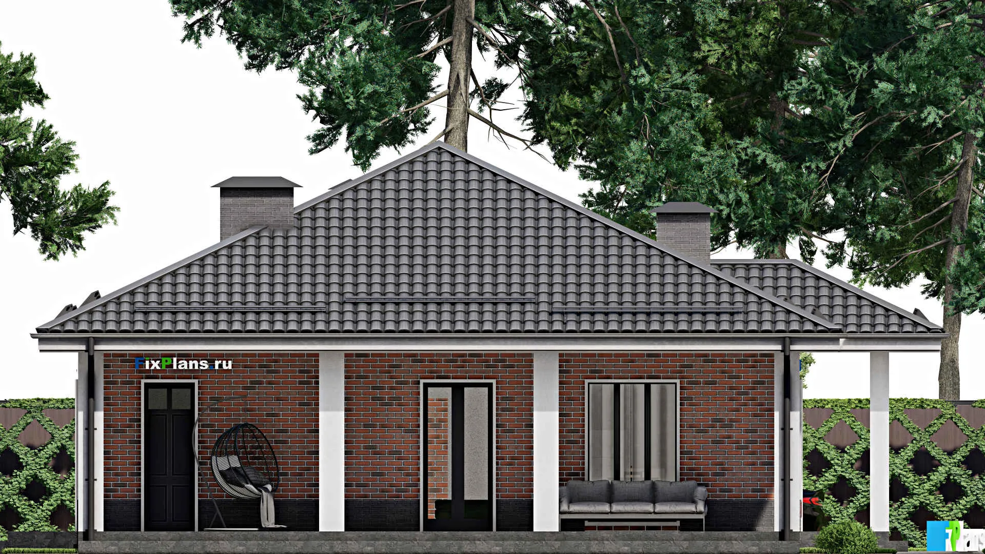 F-5444 - Проект одноэтажного дома 12 на 13, площадью 140 м² с террасой и 2 спальнями