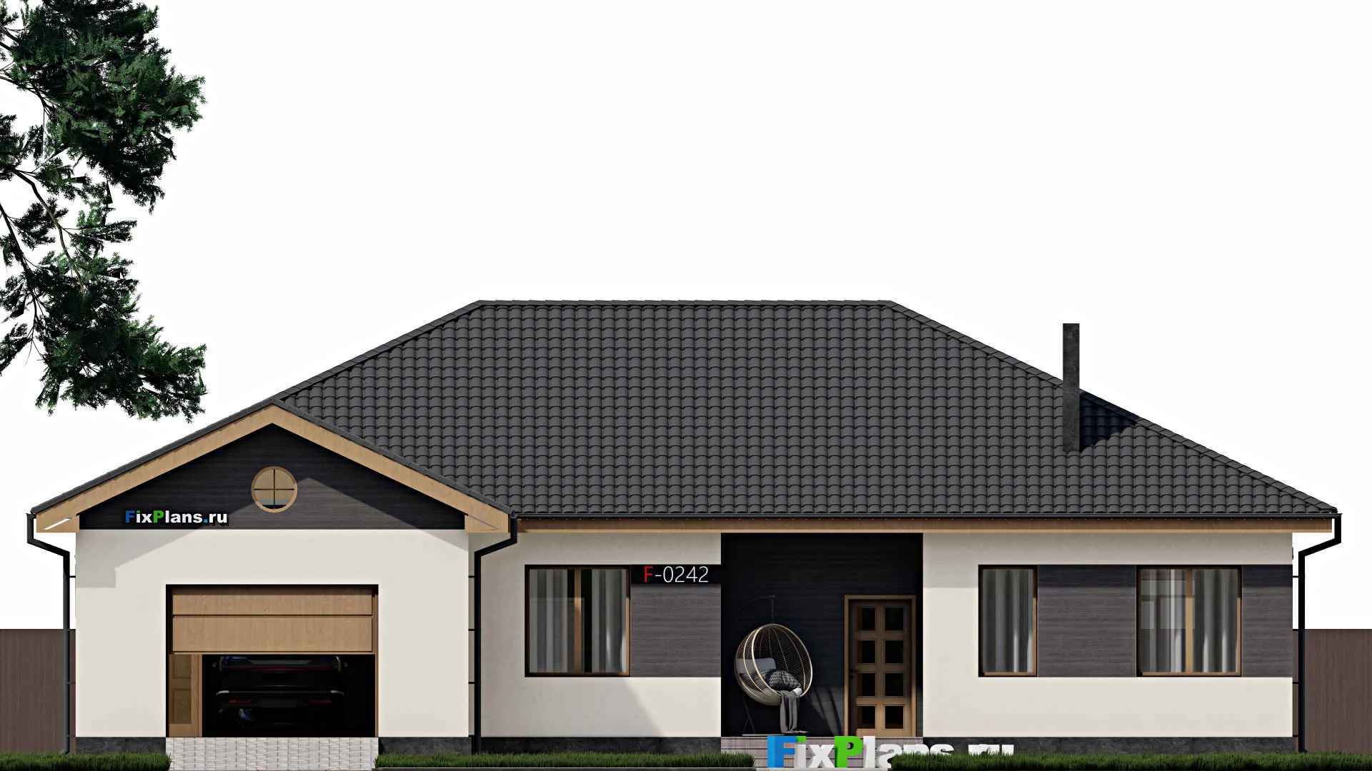 F-0242 - Проект одноэтажного дома 16 на 19, площадью 200 м² с террасой, гаражом на 2 машины и 3 спальнями